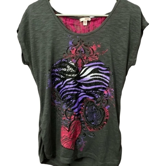 BONGO Juniors Large Gray Hot Pink Purple Short Sleeve Top Zebra Heart - Picture 1 of 3